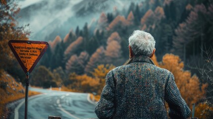 Navigating Uncertainty Elderly Person Contemplating Road Sign, Reflecting Decision-Making Challenges in Dementia
