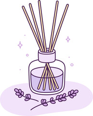 Cartoon reed diffuser with lavender sprigs doodle. Relaxation aroma, home fragrance. Cute hand drawn illustration.