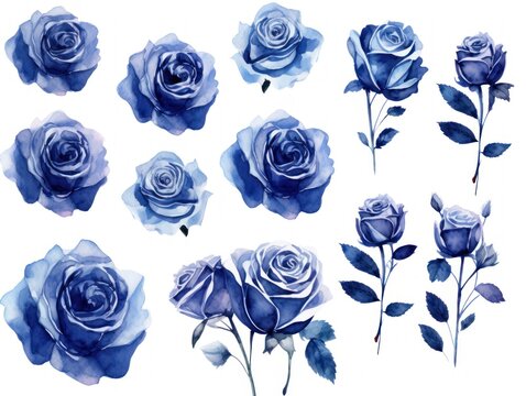 Indigo roses watercolor clipart on white background, defined edges floral flower pattern background with copy space for design text or photo backdrop minimalistic 
