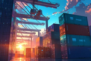 Fotobehang stacked shipping containers in an industrial setting, representing global trade and logistics. © Photo And Art Panda