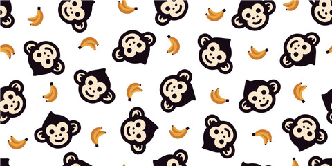 Seamless pattern of monkey and banana.Background material.Vector.猿とバナナのパターン　背景素材