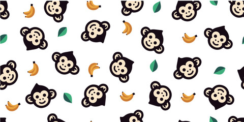 Fototapeta premium Seamless pattern of monkey and banana.Background material.Vector.猿とバナナのパターン 背景素材