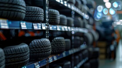 Car Tires on Display in Tire Shop, Automotive Selection, Blurred Background