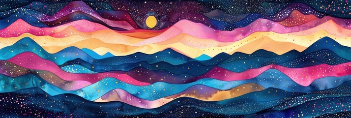 Painting portraying towering mountains under a star-filled night sky