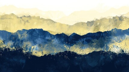 Painting of a striking mountain range featuring vibrant yellow and blue hues