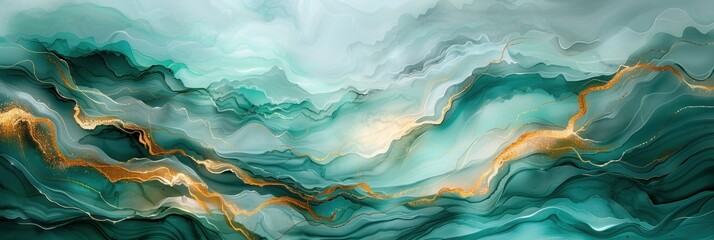 Intricate abstract painting featuring bold gold and green hues