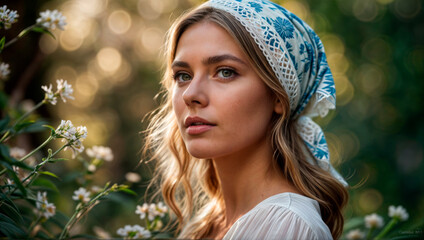 Woman in a headscarf on the background of daisies - obrazy, fototapety, plakaty
