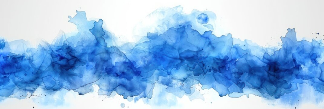 A blue abstract painting displayed on a plain white backdrop