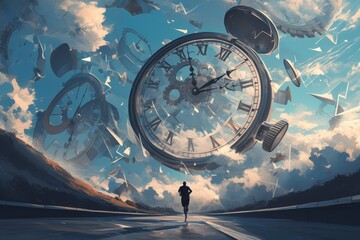 A runner running towards the clock, time is flying away from him, he has to catch up with his past self and run fast on an empty road. In front of them there's huge giant clock - obrazy, fototapety, plakaty