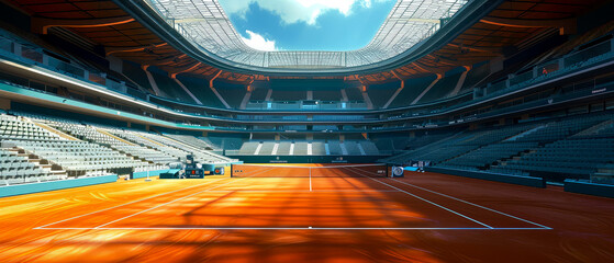 Professional tennis court, stadion, arena with dramatic steam or smoke. Sport lifestyle background. Copy space. Mockup or banner for sports competitions. Generative ai