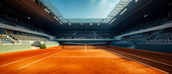 Professional tennis court, stadion, arena with dramatic steam or smoke. Sport lifestyle background. Copy space. Mockup or banner for sports competitions. Generative ai - obrazy, fototapety, plakaty