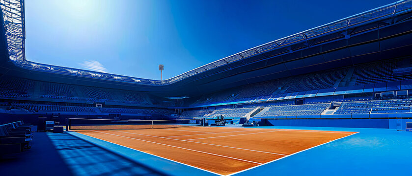 Professional tennis cort, stadion, arena. An aerial view.  3d scene. Sport lifestyle background. Copy space. Top view. Mockup or banner for sports competitions. Generative ai