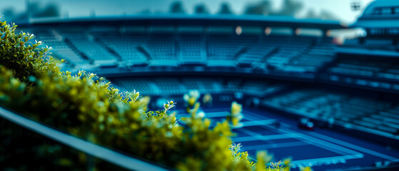 Professional tennis cort, stadion, arena. An aerial view.  3d scene. Sport lifestyle background. Copy space. Top view. Mockup or banner for sports competitions. Generative ai