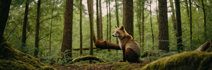 Naklejka premium Title: Brown bear in the woods, big wild animal in the lush green forest. walking and sitting in the jungle. made with generative AI technology.
