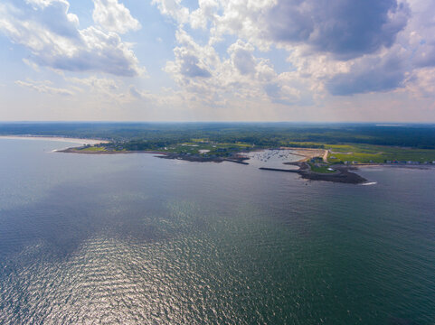Rye Harbor aerial view in summer in Rye Harbor State Park in town of Rye, New Hampshire NH, USA.