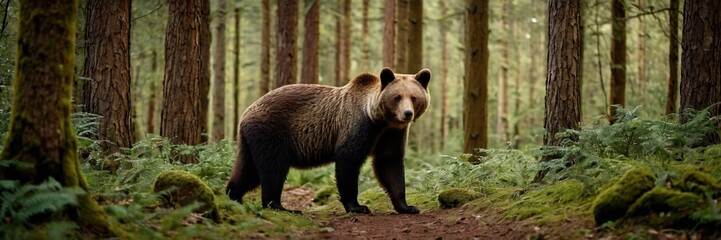 Fototapeta premium Brown bear in the woods, big wild animal in the lush green forest. walking and sitting in the jungle. made with generative AI technology. 