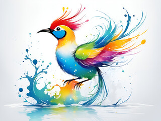 Naklejka premium A bird composed of colored particles and lines, bird of paradise posing in various postures in colorful water, and an abstract painting composed of colored line backgrounds