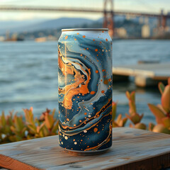 Marbled Blue Beverage Can with Golden Gate Backdrop