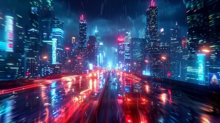 Vibrant night cityscape with glowing neon lights, starry sky, and captivating light trails - obrazy, fototapety, plakaty