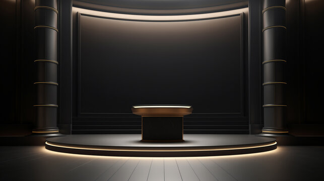 empty golden podium on modern black and gold room for exhibition, museam room