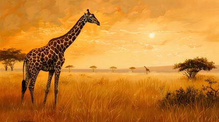 Giraffe in the Wild - Serene Savanna Scene - African Wildlife - Golden Grasslands 