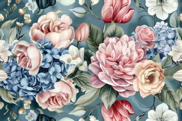 Seamless delicate floral pattern with vibrant blue, pink, and white flowers on a soft blue background