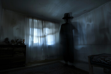 The hat man ominous silhouette of a man wearing a top hat in the room. Paranormal sleep paralysis shadow man ghost figure. - obrazy, fototapety, plakaty