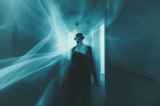 The hat man ominous silhouette of a man wearing a top hat in the room. Paranormal sleep paralysis shadow man ghost figure.