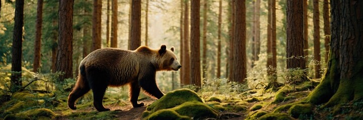Obraz premium Brown bear in the woods, big wild animal in the lush green forest. walking and sitting in the jungle. made with generative AI technology. 
