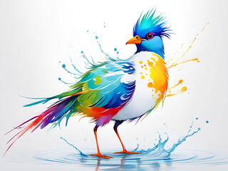 Obraz premium A bird composed of colored particles and lines, bird of paradise posing in various postures in colorful water, and an abstract painting composed of colored line backgrounds