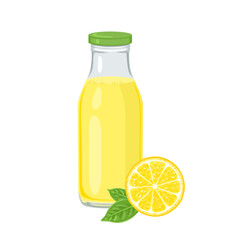 Lemon juice in bottle and citrus slice isolated on white background. Vector cartoon illustration of fresh healthy drink.