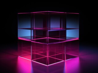 Magenta glass cube abstract 3d render, on black background with copy space minimalism design for text or photo backdrop 