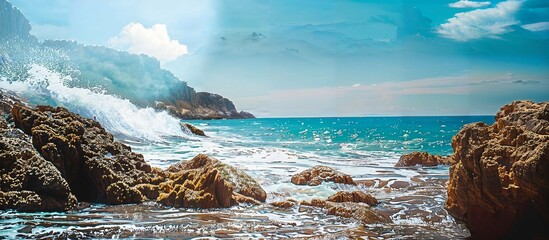 Beach and tropical blue sea. Ocean with big waves, rocks and cliff. Beautiful landscape on the caribbean island and wild sea waves. Warm sun light.