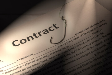 a contract, an inscription on a white piece of paper. there is a fishing hook nearby. the concept...
