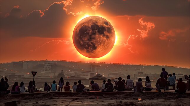 A group of people are sitting on a beach watching a large red moon