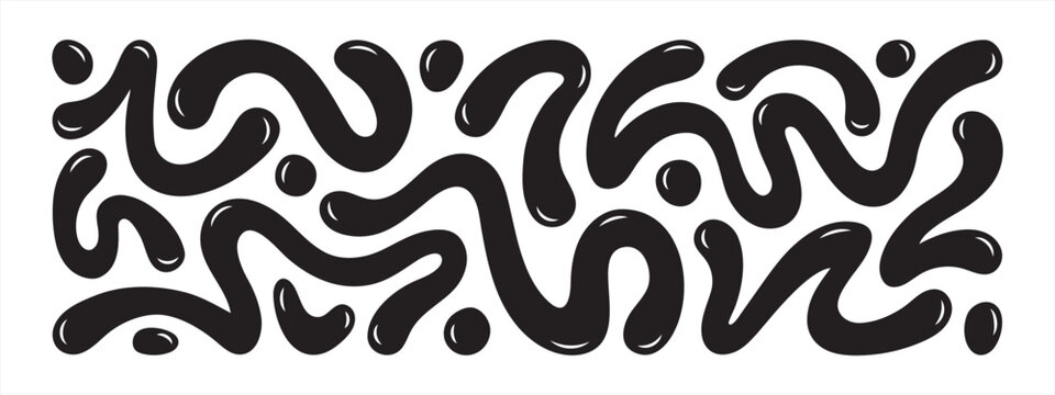 Liquid, organic blobs, y2k style squiggles, groovy doodle wavy stripes inscribed in a rectangle long banner shape. Bold scribbles, lines. Black fluid graphic design element, text background, header.