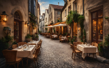 Quaint cafe terrace on a cobbled street in Europe, tables set for breakfast with a view of the...