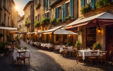 Quaint cafe terrace on a cobbled street in Europe, tables set for breakfast with a view of the historic city