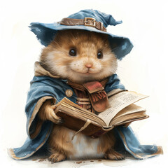 Newt with a tiny wizard's book, watercolor clipart, isolated on white, magical study