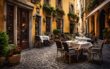 Quaint cafe terrace on a cobbled street in Europe, tables set for breakfast with a view of the historic city