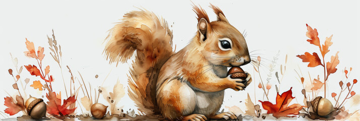 Squirrel with acorn treasure, watercolor clipart, isolated on white, autumn collector - obrazy, fototapety, plakaty