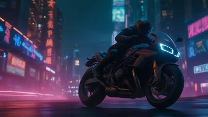 futuristic motorcycle being pursued by a squadron of police hovercraft through the neon-lit streets of a cyberpunk