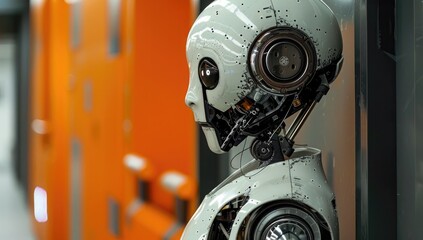 Close up of robot head in modern factory, shallow depth of field