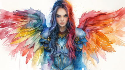 Valkyrie with a sword of dawn, watercolor clipart, isolated on white, warrior of light