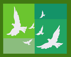 Colorful green colored wall art banner background vector drawing with shades of green colored squares and white doves scattered.