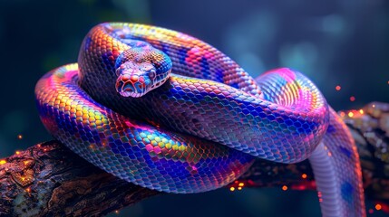 Rainbow boa constrictor coiled around branch, iridescent scales shimmering under dramatic lighting - obrazy, fototapety, plakaty