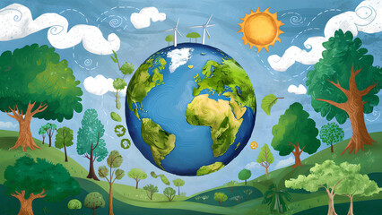 Naklejka premium Sustainable Earth: Ecosystem with Trees, Sun, and Elements of Conservation