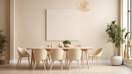 A mock-up poster featuring an empty cream-colored wall in a modern dining room.