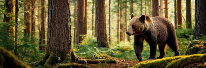 Fototapeta premium Brown bear in the woods, big wild animal in the lush green forest. walking and sitting in the jungle. made with generative AI technology. 