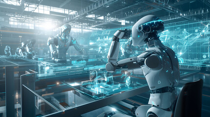 Industrial robots at the automated manufacturing factory 